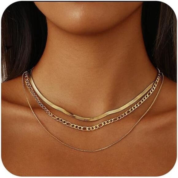 Gold Layered Necklace Set | 14K Gold/Silver Plated Adjustable O Chain with Tag - Picture 5 of 6